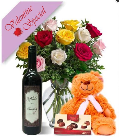 Buy Mixed Roses Combo With Wine
