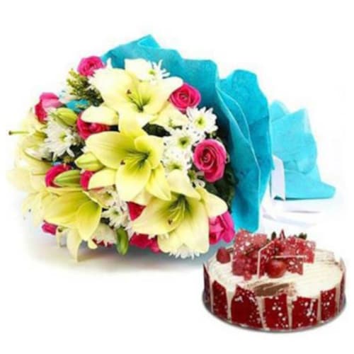 Buy Mix Flowers And Cake