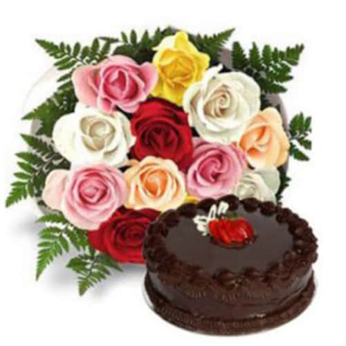 Buy Mixed Roses and Cake