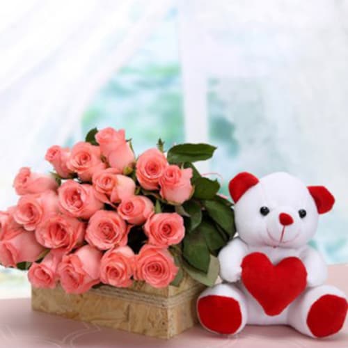 Buy Pink Roses And Teddy