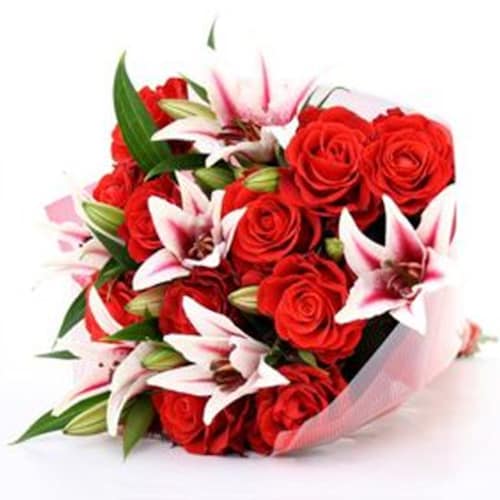 Buy Oriental Lilies and Red Roses