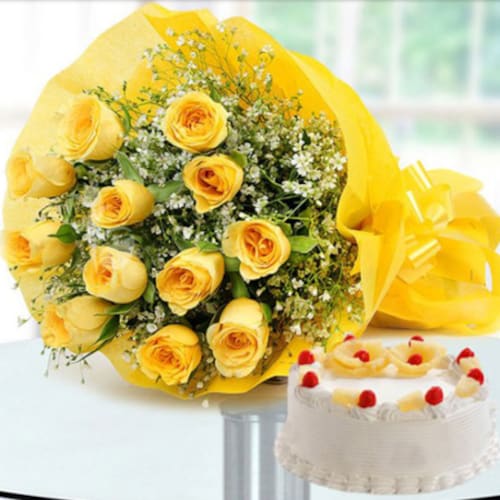 Buy Fresh Yellow Roses and Cake