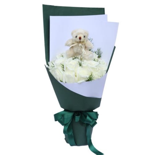 Buy White Roses With Teddy