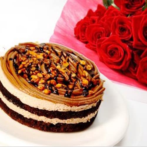 Buy Red Roses With Chocolate Cake