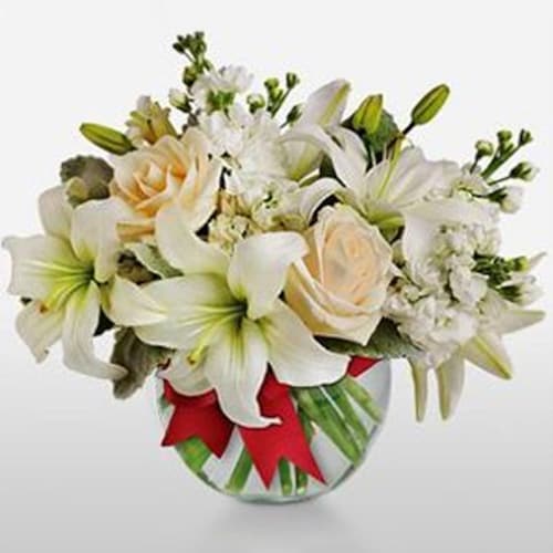 Buy White Lilies and Roses Vase