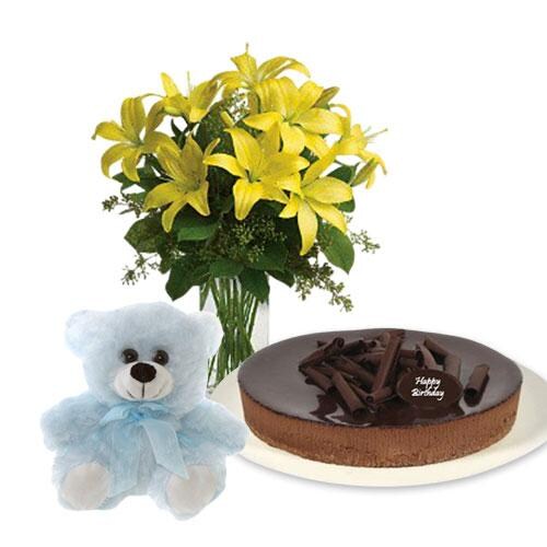 Buy Lilies Bouquet with chocolate cheesecake and 6 inch Teddy