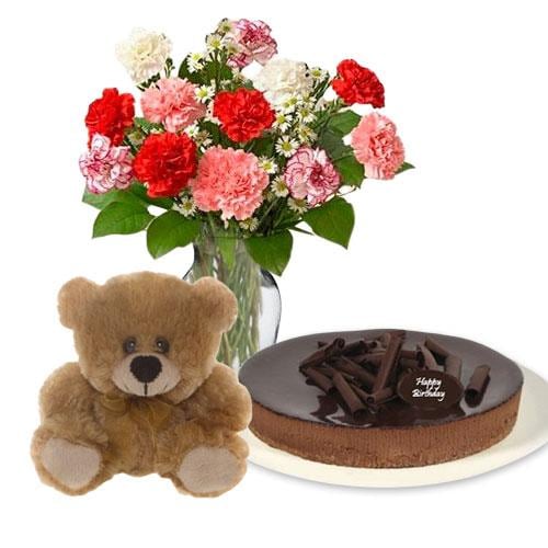 Buy Carnations with chocolate cheesecake and 6 inch Teddy