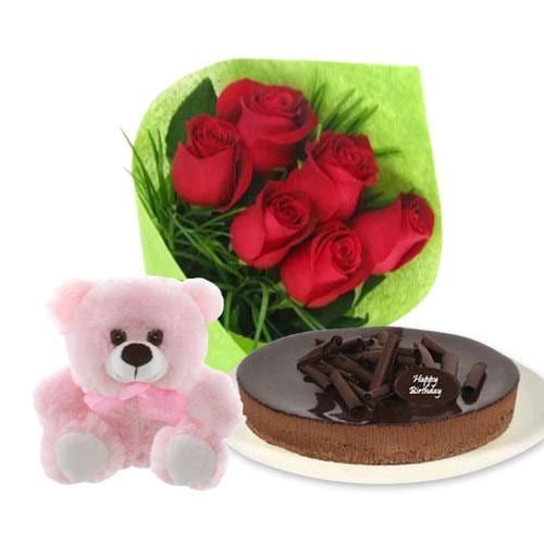Buy Red roses with chocolate cheesecake and 6 inch Teddy
