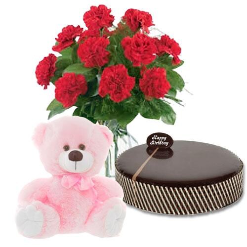 Buy Chocolate Mud Cake with Red Carnations and 8 inch Teddy