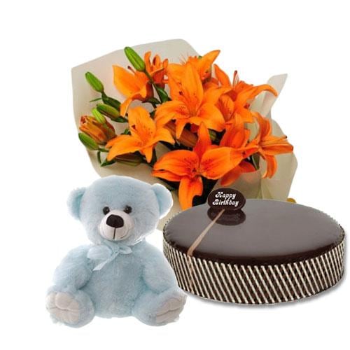 Buy Chocolate Mud Cake with Orange Lilies and 8 inch Teddy