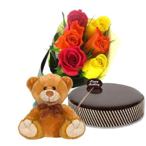 Buy Chocolate Mud Cake with Mix Roses and 8 inch Teddy