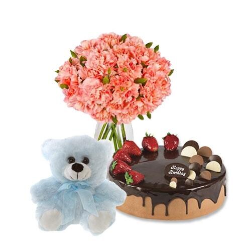 Buy Pink Carnations with Choco Strawberry Cake and 6 inch Teddy