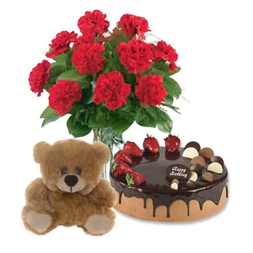 Buy Red Carnations with Choco Strawberry Cake and 6 inch Teddy