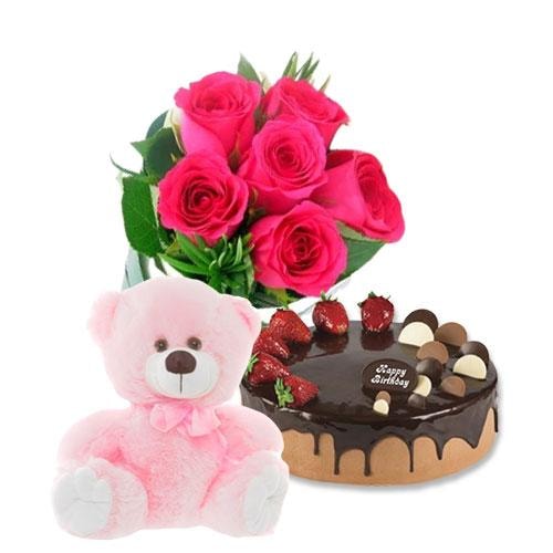 Buy Choco Strawberry Cake with Pink Roses and 8 inch Teddy