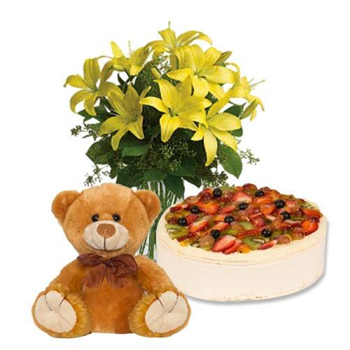 Buy Fruit Cake with Yellow Lilies and 8 inch Teddy