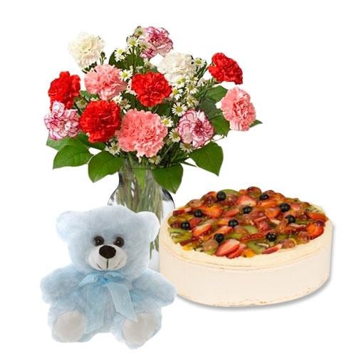 Buy Fruit Cake with Mix Color Carnations and 6 inch Teddy