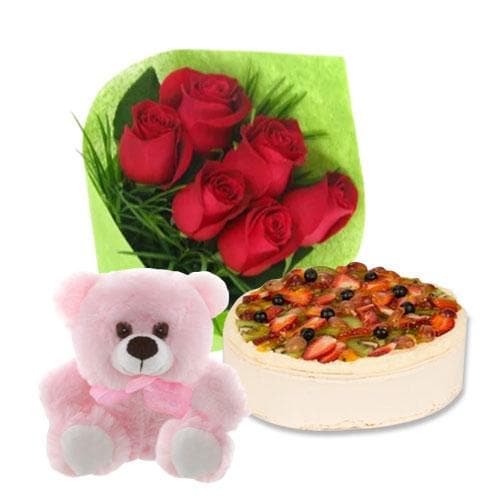 Buy Fruit Cake with Red Roses and 6 inch Teddy