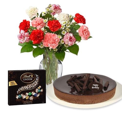 Buy Carnations with chocolate cheesecake and Lindt Dark Chocolate Box