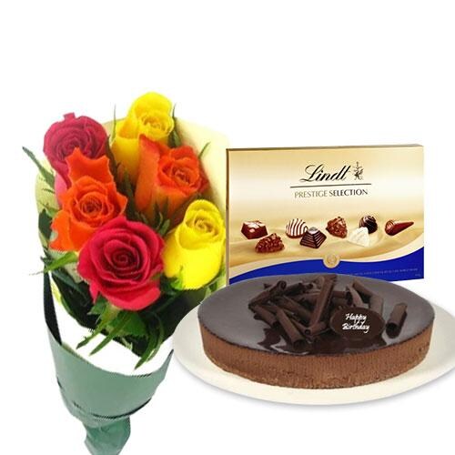 Buy Mixed Roses with chocolate cheesecake and Lindt Prestige Selection