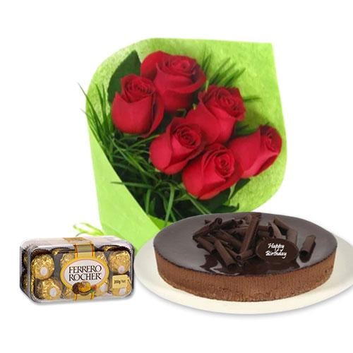 Buy Red roses with chocolate cheesecake and Ferrero Rocher