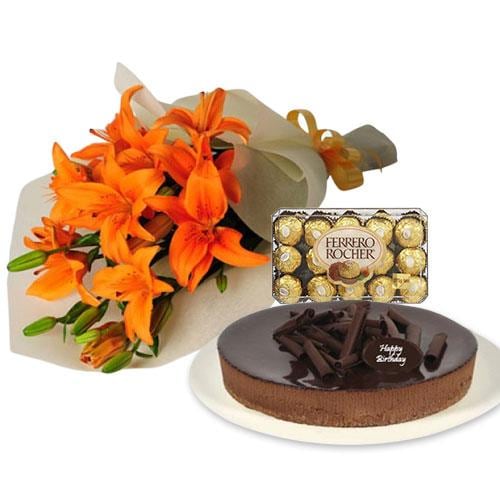 Buy Orange Lilies with Chocolate Cheesecake and Ferrero Rocher