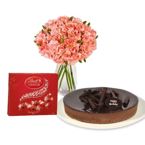 Buy Pink Carnations with chocolate cheesecake and Lindt Chocolate Box