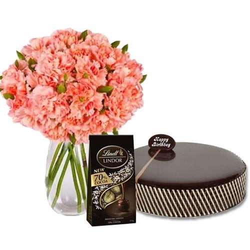 Buy Chocolate Mud Cake with Pink Carnations and Lindt Dark Chocolates