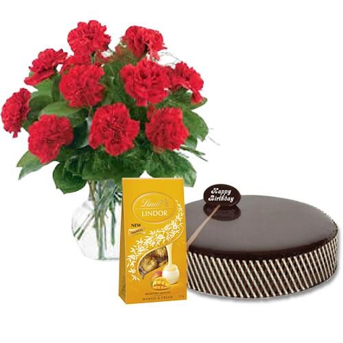 Buy Chocolate Mud Cake with Red Carnations and Lindt Mango Chocolates