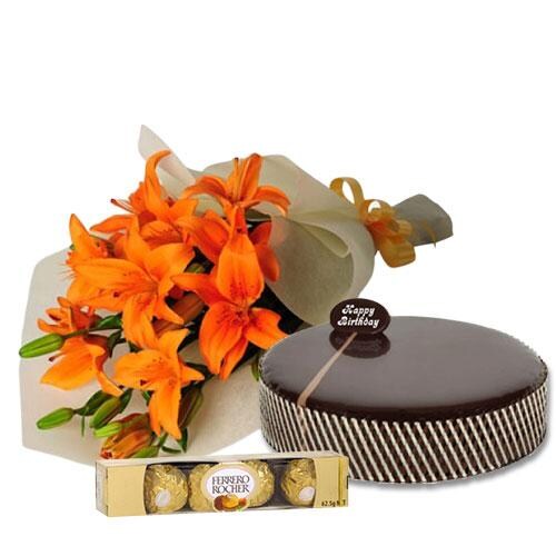 Buy Chocolate Mud Cake with Orange Lilies and Ferrero Rocher