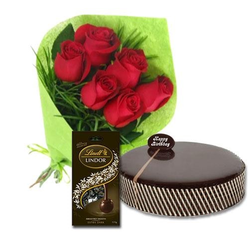 Buy Chocolate Mud Cake with Red Roses and Lindt Extra Dark Chocolates