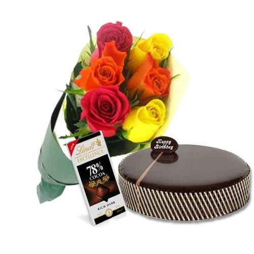 Buy Chocolate Mud Cake with Mix Roses and Lindt Dark Cocoa Chocolate
