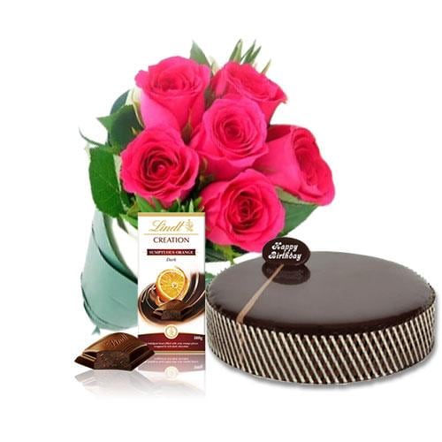 Buy Chocolate Mud Cake with Pink Roses and Lindt Orange Chocolate