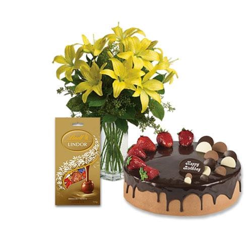 Buy Yellow Lilies with Choco Strawberry Cake and Assorted Chocolate