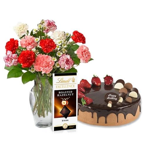 Buy Mix Color Carnations with Choco Strawberry cake and Lindt Dark Chocolate