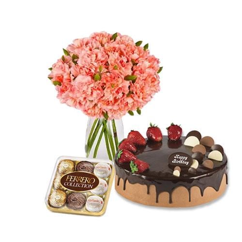 Buy Pink Carnations with Choco Strawberry Cake and Ferrero Rocher