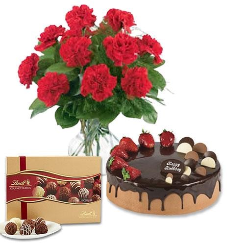 Buy Red Carnations with Choco Strawberry Cake and Lindt Gourmet Truffles