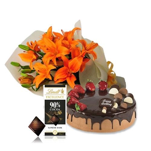 Buy Orange Lilies with Choco Strawberry Cake and Lindt Dark Chocolate