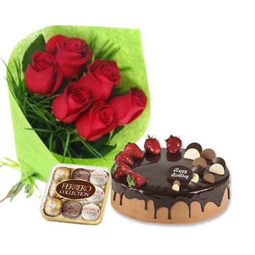 Buy Red Roses with Choco Strawberry Cake and Ferrero Rocher