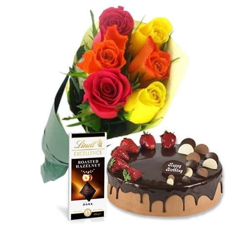 Buy Choco Strawberry Cake with Mix Roses and Lindt Dark Chocolate