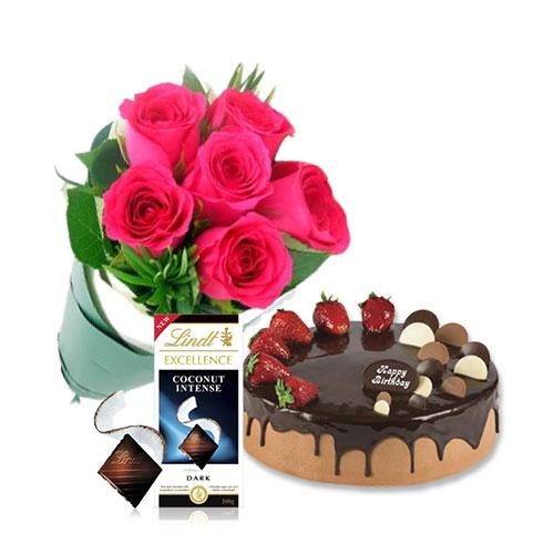 Buy Choco Strawberry Cake with Pink Roses and Lindt Coconut Chocolate