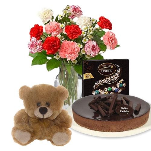 Buy Carnations with chocolate cheesecake and Lindt Dark Chocolate Box and 6 inch Teddy
