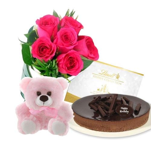 Buy Pink Roses with chocolate cheesecake and Lindt Festive Collection and 6 inch Teddy