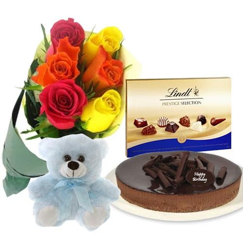 Buy Mixed Roses with chocolate cheesecake and Lindt Prestige Selection and 6 inch Teddy