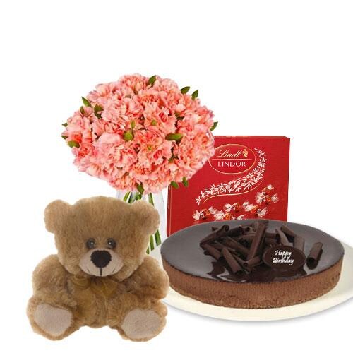 Buy Pink Carnations with chocolate cheesecake and Lindt Chocolate Box and 6 inch Teddy