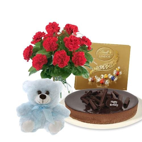 Buy Red Carnations with chocolate cheesecake and Lindt Assorted chocolates and 6 inch Teddy
