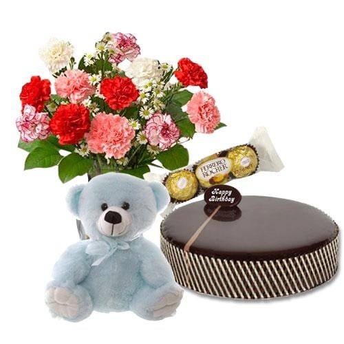 Buy Chocolate Mud Cake with Carnations and Ferrero Rocher and 8 inch Teddy