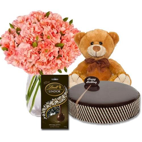 Buy Chocolate Mud Cake with Pink Carnations and Lindt Dark Chocolates and 8 inch Teddy