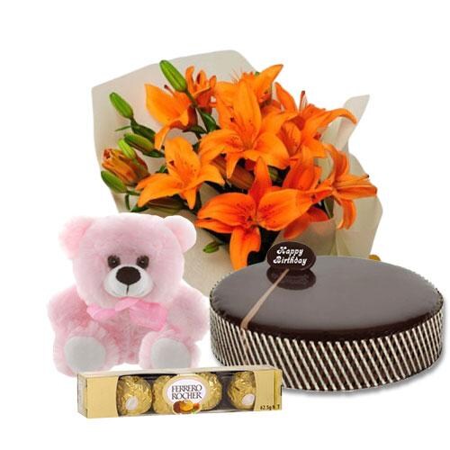 Buy Chocolate Mud Cake with Orange Lilies and Ferrero Rocher and 6 inch Teddy