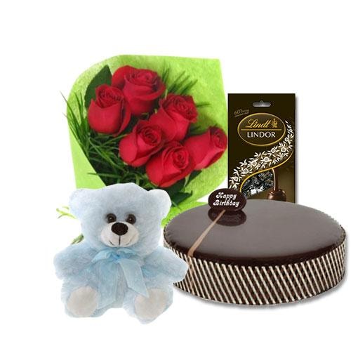 Buy Chocolate Mud Cake with Red Roses and Lindt Extra Dark Chocolates and 6 inch Teddy