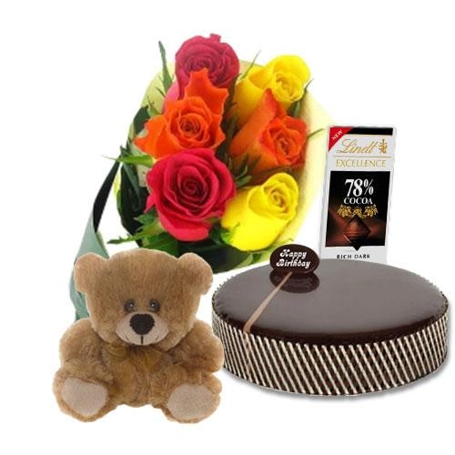 Buy Chocolate Mud Cake with Mix Roses and Lindt Dark Cocoa Chocolate and 6 inch Teddy